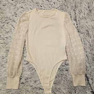 Cream Bodysuit with Sheer Sleeves